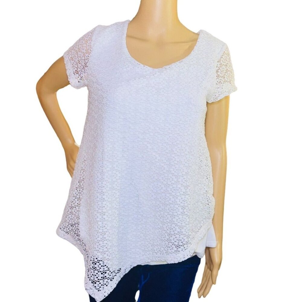 (5 for $25) Rafaella Short Sleeve‎ White Lace Blouse Size Small